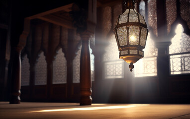 Fototapeta na wymiar A lamp in a mosque with the light shining through it