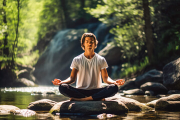 Man meditating outside in nature. Young male doing yoga exercise. Healthy active lifestyle and sports concept. Generative AI - obrazy, fototapety, plakaty