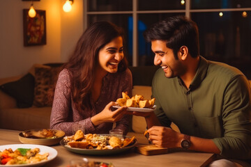 Young couple eating indian food at home. Couple on date night with delicious food. Generative AI