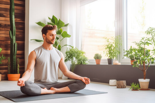 Man Meditating Inside At Home. Young Male Doing Yoga Exercise. Healthy Active Lifestyle And Sports Concept. Generative AI