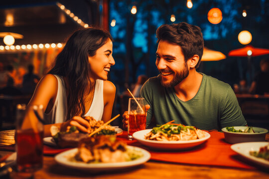 Young couple eating mexican food at restaurant. Couple on date night with delicious food. Generative AI