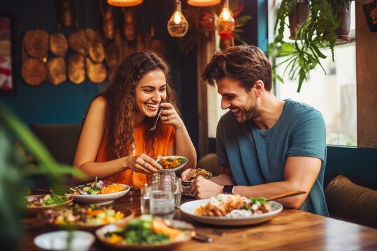 Young couple eating indian food at restaurant. Couple on date night with delicious food. Generative AI