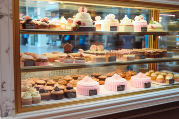 Fototapeta premium Cake shop display. Beautiful delicious cakes and other sweets in window. Generative AI