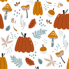 Autumn seamless pattern  with pumpkin, leaves, acorn, mushrooms.  Vector illustrations