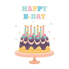 Happy birthday greeting card design. Vector illustration in flat cartoon style. Birthday cake with candles 
