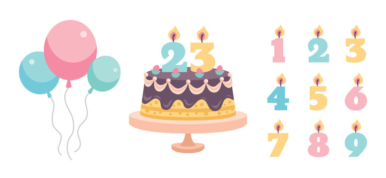 Happy birthday set. Vector illustration in cartoon flat style. Birthday cake with candles in the form of numbers and ballons
