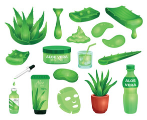 Set of pharmacy succulent Aloe Vera plant leaves and elements for cosmetic products, isolated on white background. Vector illustration in flat cartoon style