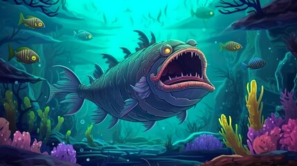 Background deep sea monster fish. A captivating banner design featuring an illustration of a mysterious deep-sea monster fish against background. Generative AI.