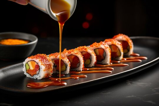 Fresh and delicious sushi with tamari sause. Generative ai