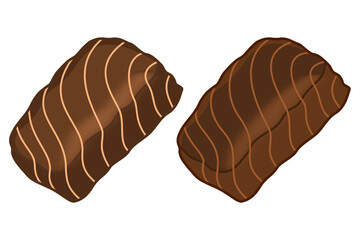 Two brown candies from a box of chocolates, with chocolate coating