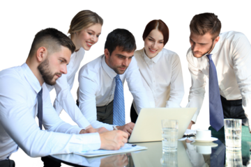 business team working on laptop to check the results of their work on a transparent background.