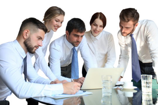 business team working on laptop to check the results of their work on a transparent background.