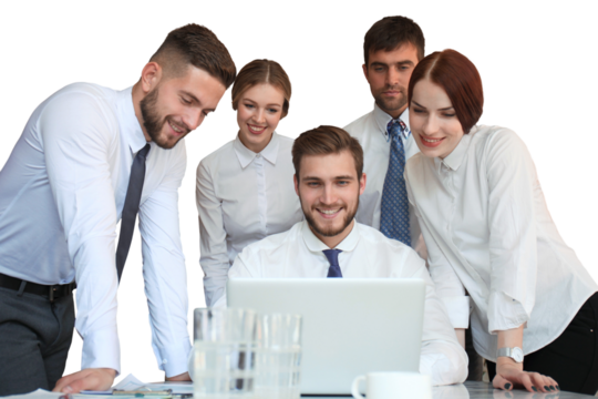 Startup business team on meeting on a transparent background working on laptop.