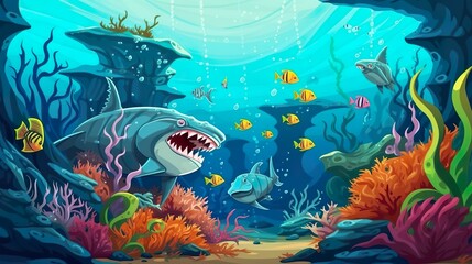 Fototapeta na wymiar Background deep sea monster fish. Fascinating world of deep-sea creatures through an illustration depicting ominous deep-sea monster fish. Generative AI.