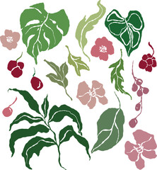 Vector tropical abstract set of red and pink flowers, green leaves. Hand painted floral elements isolated on white background. Holiday Illustration for design, print, fabric or background.