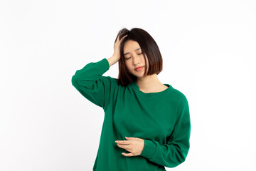 Asian Woman with closed eyes resting sleepy expression on a white background