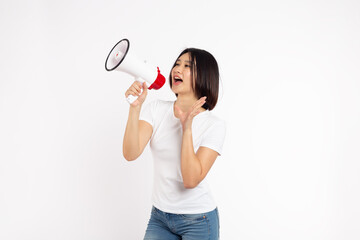 Asian woman smiling face holding megaphone shouting posing isolated on white background, .
