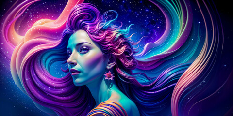 Silhouette of a woman in a psychedelic image with an interconnection of purple colors in a poetic dream.