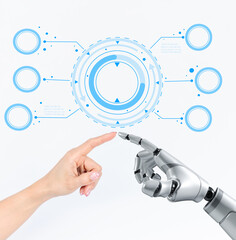 Human touching and communication with robot.Big data Global network connection.Business network,AI, Machine learning,Internet and digital technology,artificial intelligence of futuristic. people,world