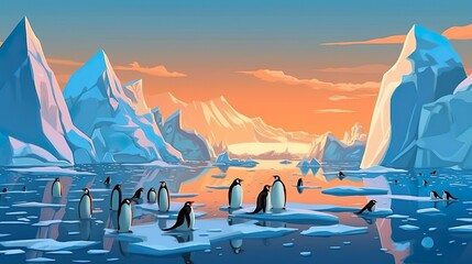 Background iceberg with penguins. Icy wonder with an illustration capturing the majestic presence of icebergs and the lively presence of penguins. Generative AI.