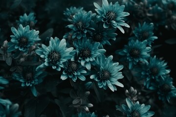 Fototapeta na wymiar Teal flowers bush dark. Generate Ai