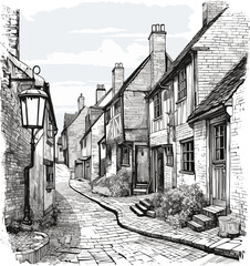 Old english or european town engraving vector illustration. - obrazy, fototapety, plakaty
