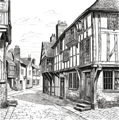 Old english or european town engraving vector illustration.