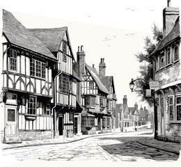 Old english or european town engraving vector illustration.