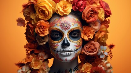 Woman with Mexican Sugar Skull Makeup, Day of the Dead, Dia De Los Muertos. Generative Ai