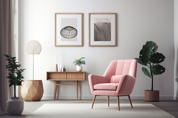 picture frame is empty. mockup of contemporary room featuring white wall, pink armchair, console, and plant in Scandinavian design. Generative AI