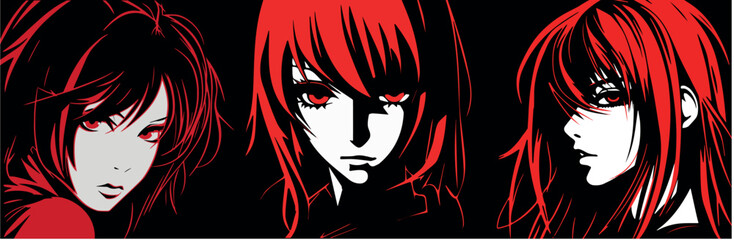 anime girl face outline black background red outline