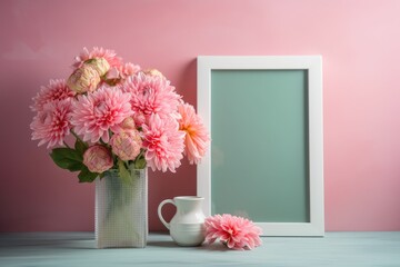 Pink flowers and a white mock up frame on a background with various colors. Generative AI