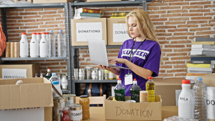 Young blonde woman volunteer checking products using laptop at charity center