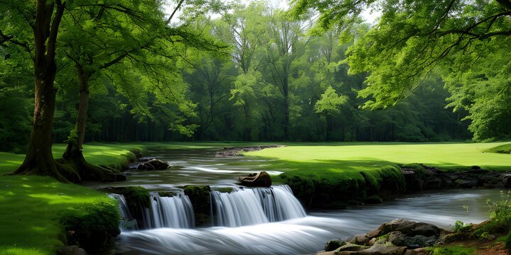 Spring concept background idyllic nature landscape with river green grass and meadows view