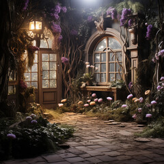 Enchanted Retro Fantasy: Nature Vines, Flowers, and Trees Inside an Old House