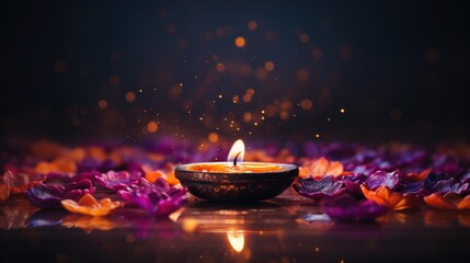 Happy Diwali Festival Background, Decorated with Oil Lamps. Hindu Festival of Lights Celebration. Generative Ai - obrazy, fototapety, plakaty