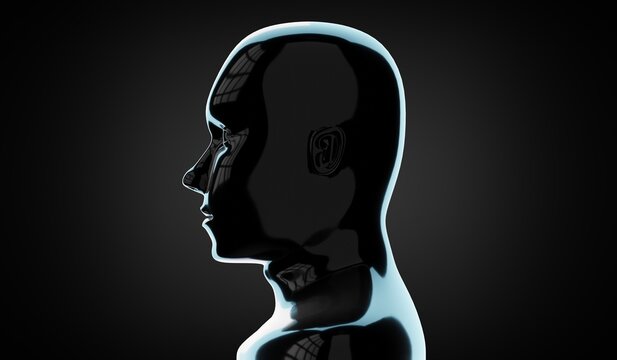 Geometrical, metallic human face on black background - 3D illustration
