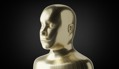 Geometrical, golden human face on dark background - 3D illustration