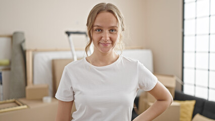 Young blonde woman smiling confident standing at new home