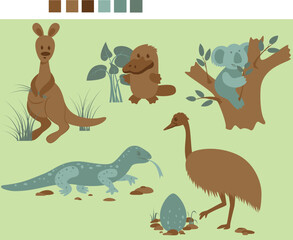 Animals of australia, australian animals, koala on a tree, monitor lizard, emu, kangaroo, platypus, beautiful images in vector graphics