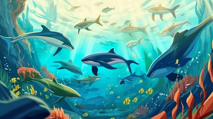 Obraz na płótnie Canvas Abstract background migrating whales. Awe-inspiring sight of migrating whales captured in a stunning illustration, perfect for banner designs with abstract backgrounds. Generative AI.