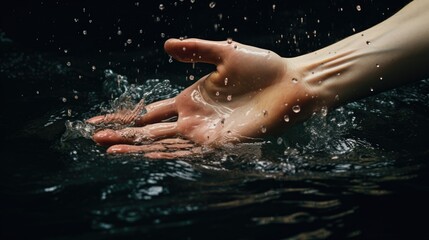 Fototapeta premium Social message, Natural resources waste, Hand, Water saving, Splashes, Symbolic. SAVING THE WATER. Young open hand in the water with water splash effect and water drops all around. Generative AI