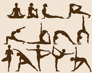 vector silhouettes of a woman doing yoga, sports, aerobics, fitness, stretching. Healthy flexible beautiful body of woman silhouettes in vector illustration