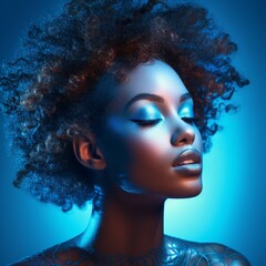 Fashion portrait of beautiful african american woman with creative hairstyle and blue make-up. Portrait of beautiful african american woman with afro hairstyle looking at camera on blue background.