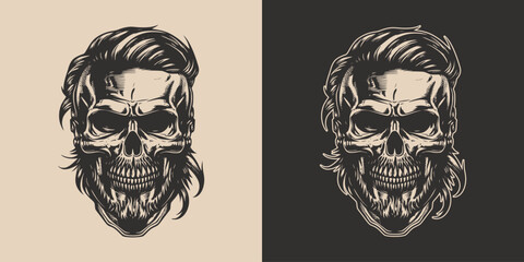 Set of vintage retro scary skull. Can be used like emblem, logo, badge, label. mark, poster or print. Monochrome Graphic Art. Vector. Hand drawn element in engraving