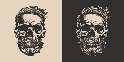Set of vintage retro scary skull. Can be used like emblem, logo, badge, label. mark, poster or print. Monochrome Graphic Art. Vector. Hand drawn element in engraving