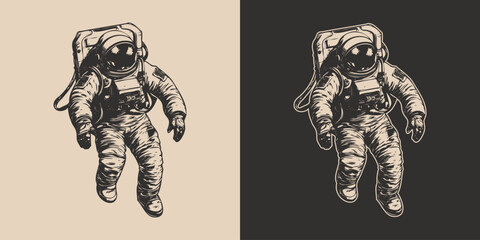 Set of vintage retro astronaut nasa future space adventure explore. Galaxy science trip. Graphic Art. - obrazy, fototapety, plakaty