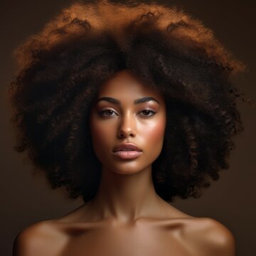 Portrait of beautiful african american woman with afro hairstyle looking at camera on brown background. Beauty portrait of young african american woman with healthy clean skin. Beauty and skin care