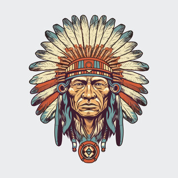 Vintage retro mnimial modern apache chief native american tribe character person. Can be used for logo, emblem or graphic design. Graphic Art. Vector.