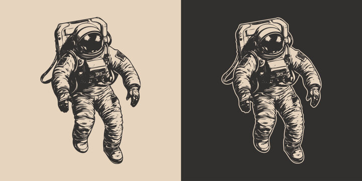 Set of vintage retro astronaut nasa future space adventure explore. Galaxy science trip. Graphic Art.